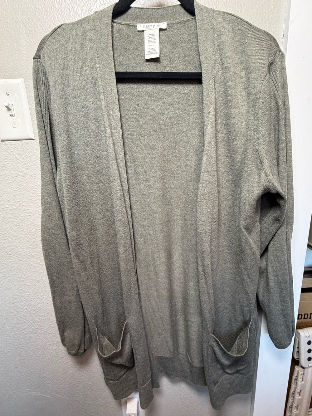 Matty M Gray Green Open Front Cardigan Womenโs XL Longline Pockets Lightweight